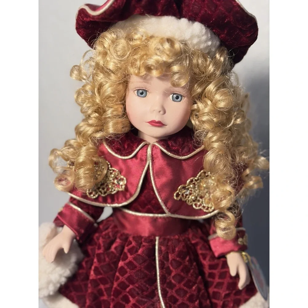Victorian Rose Collection Porcelain Doll- Blonde Curls - Burgundy Velvet Dress
